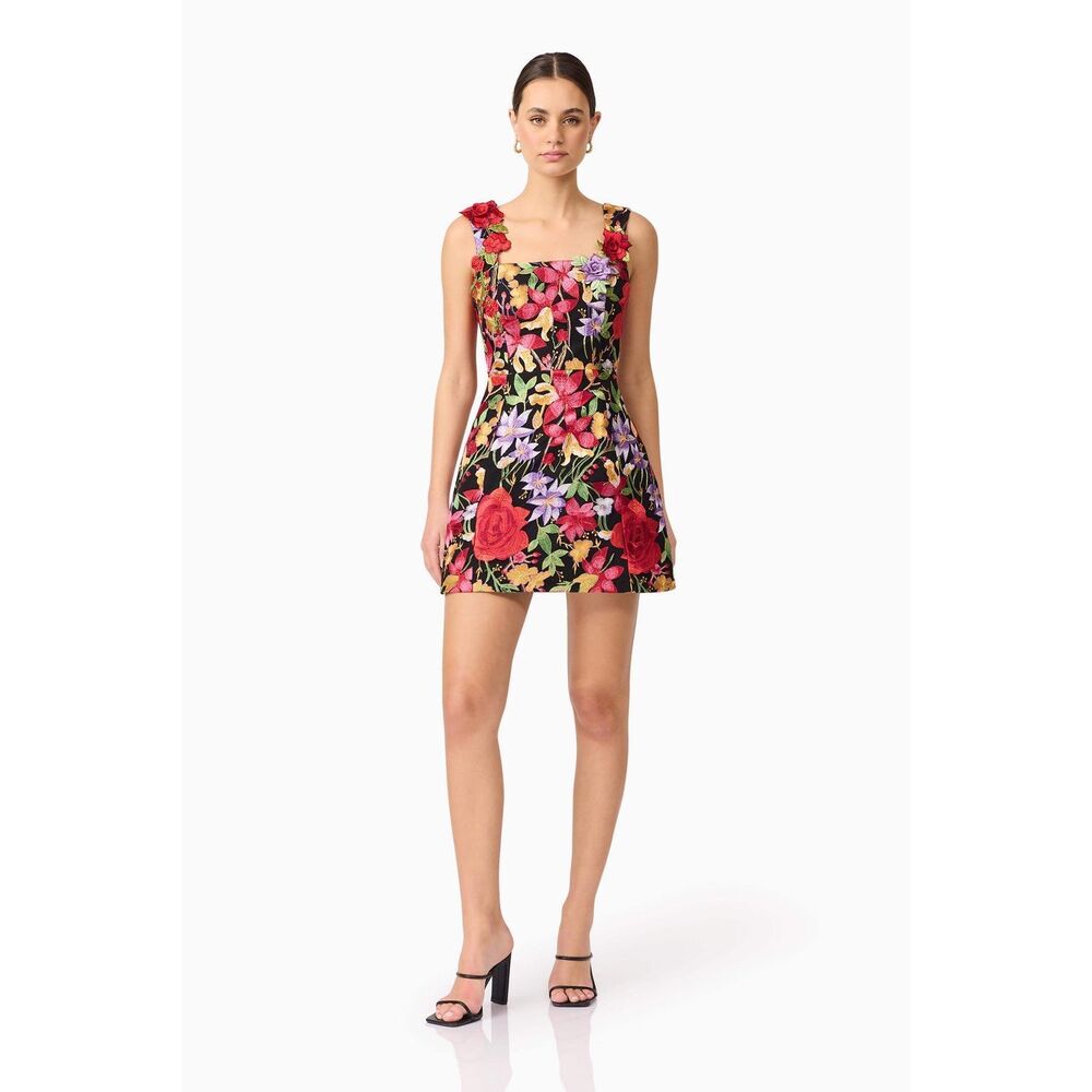 ELLIATT Talia Mini Dress Black Floral Wedding Guest Cocktail size M Flaw !! - Picture 3 of 9